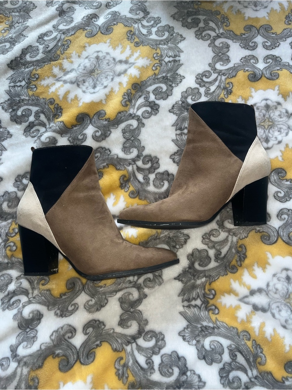 Suede Colorblock Ankle Boots - Taupe/Black/Cream
